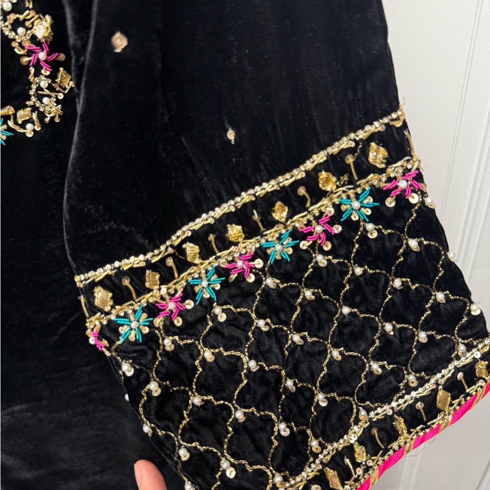 Embroidered Black  velvet dress with Gold Accents